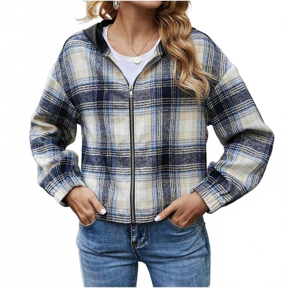 NEW MISS SPARKLING plaid print zip up hooded jacket in navy